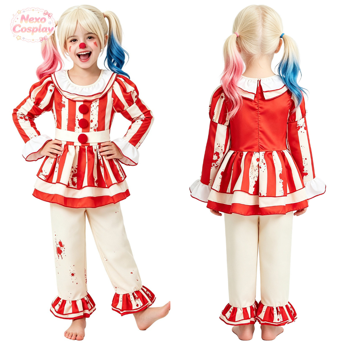 Halloween Costume Kids - Çocuklar Kırmızı Beyaz Çizgili Korku Palyaço