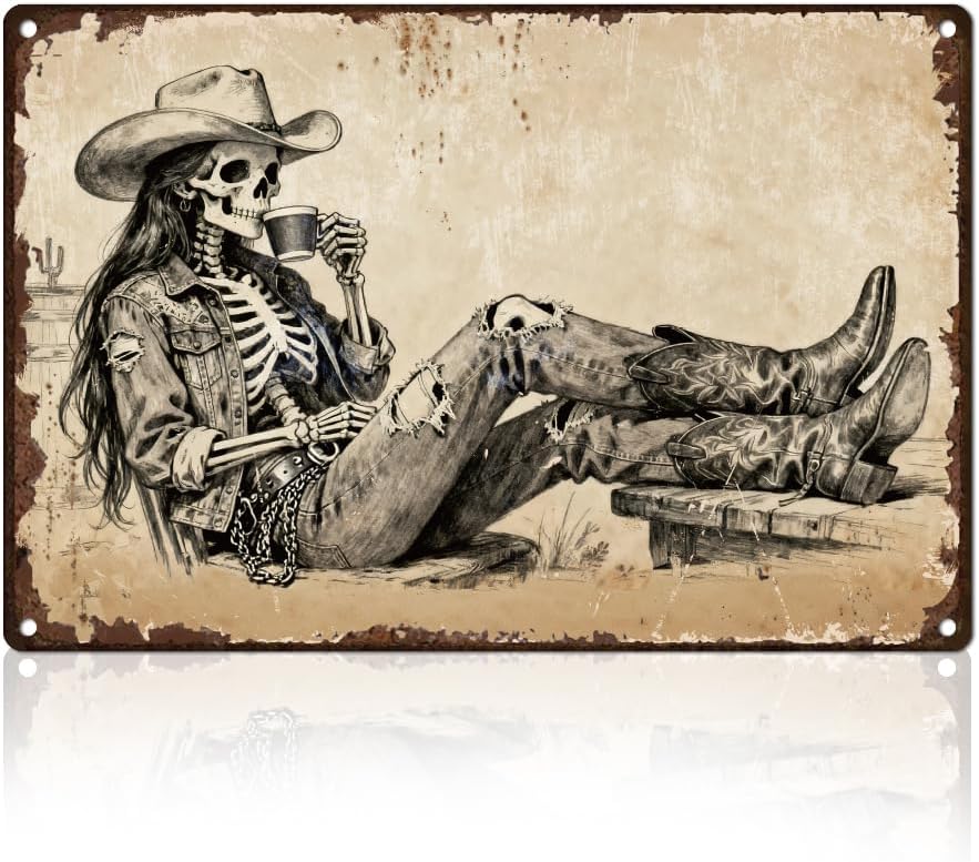 Halloween Skeleton Decoration - İskeletli Kovboy Kadın Figürlü Metal Duvar